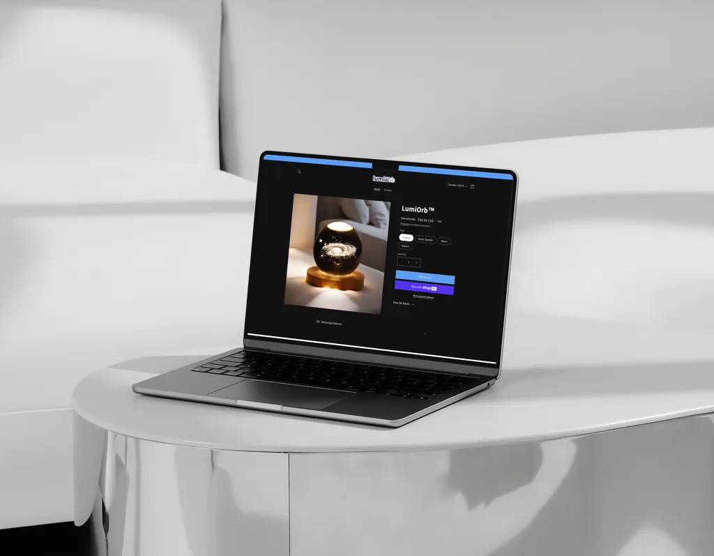 LumiOrb Shopify product page on a laptop