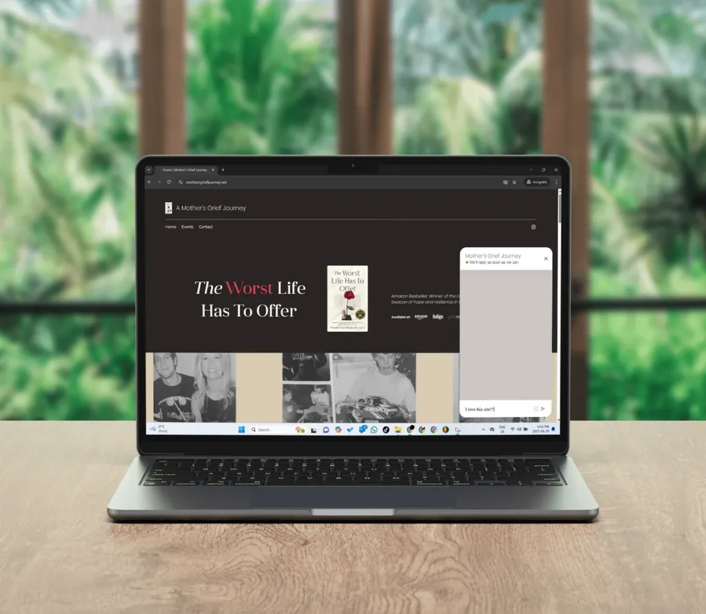 A Mother's Grief Journey website on a laptop